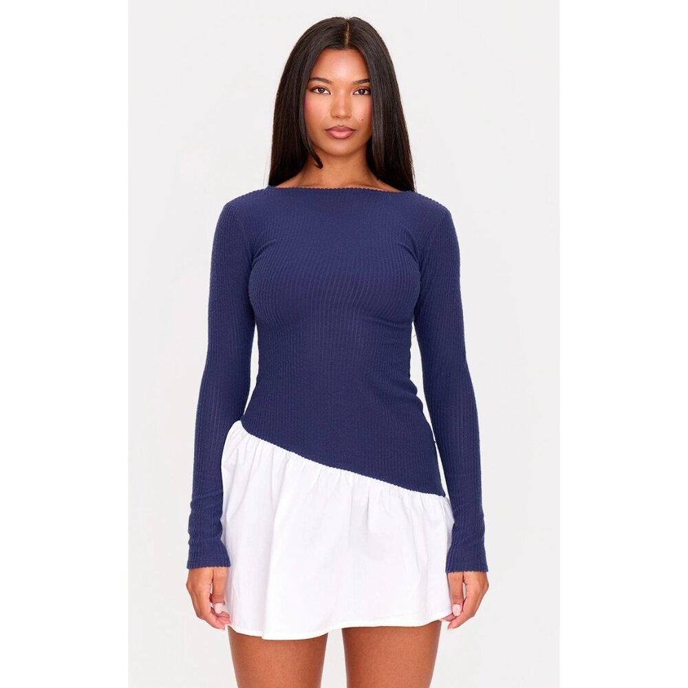 NWT PrettyLittleThing Navy Brushed Rib Asymmetric Ruffle Mini Dress Skater Style - Picture 11 of 16